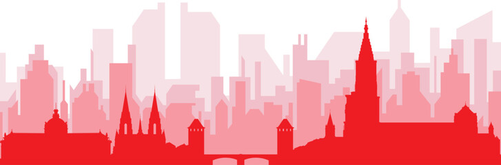 Red panoramic city skyline poster with reddish misty transparent background buildings of STRASBOURG, FRANCE
