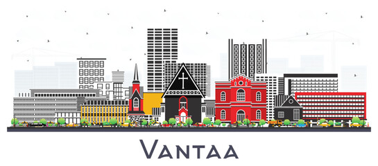 Vantaa Finland city skyline with color buildings isolated on white. Vantaa cityscape with landmarks. Business travel and tourism concept with modern and historic architecture.