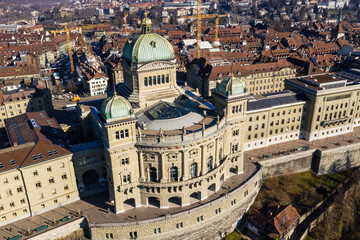 Bern, Switzerland: Aerial view of the Parliament building, the Bundeshaus in German, which is also...
