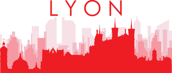 Red panoramic city skyline poster with reddish misty transparent background buildings of LYON, FRANCE