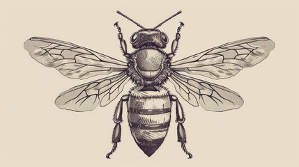 Create a detailed vector engraving illustration of a honey bee on a pristine white background