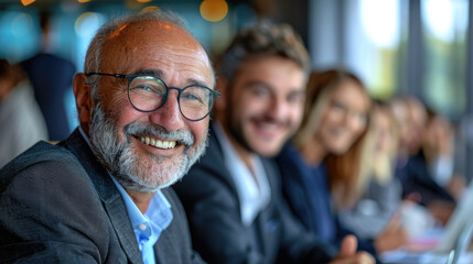 Fototapeta premium Smiling senior businessman leader wearing glasses sitting at meeting table with group of office workers in a team in corporate conference room
