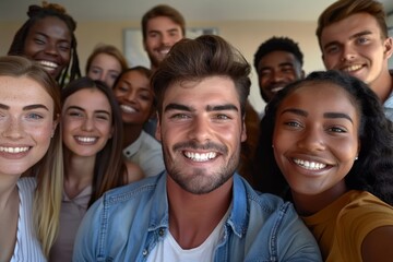Multicultural happy people taking group selfie portrait in the office, diverse people celebrating together, Happy lifestyle and teamwork concept