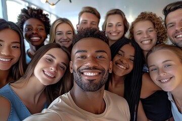 Obraz premium Multicultural happy people taking group selfie portrait in the office, diverse people celebrating together, Happy lifestyle and teamwork concept