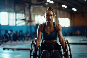 Portrait of disabled sportswoman in wheelchair at the gym. - obrazy, fototapety, plakaty