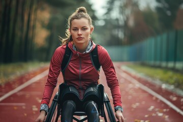 Athletic disabled woman in a wheelchair on a running track - obrazy, fototapety, plakaty