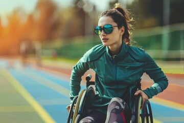 Fototapeta na wymiar Young disabled woman in a wheelchair on a sports field. Health care.