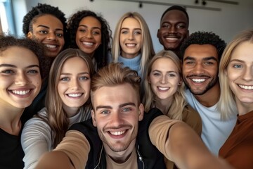 Fototapeta premium Multicultural happy people taking group selfie portrait in the office, diverse people celebrating together, Happy lifestyle and teamwork concept