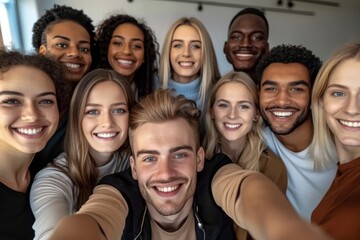 Multicultural happy people taking group selfie portrait in the office, diverse people celebrating together, Happy lifestyle and teamwork concept