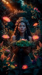 Obraz na płótnie Canvas ilustracionrealista de una mujer en medio de la naturaleza sosteniendo hierbas medicinales, rodeada de flores bioluminicentes y unas letras que dicen herbolaria