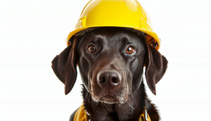 Dog wearing a yellow helmet on white background, AI Generative.