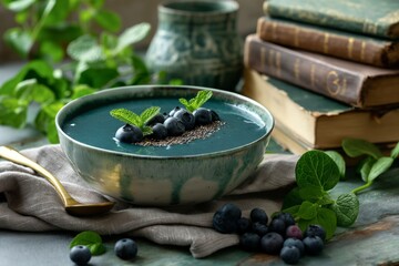 Smoothie bowl with spirulina and blueberry on a table with books about healthy eating and green...