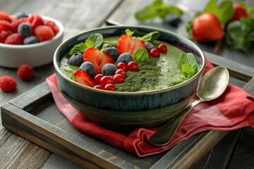 Smoothie bowl with spirulina and fruits on a wooden tray with a spoon and a red towel. Concept: healthy food, vegan food, gluten free. Photo for menu, culinary blog, social media, cafe