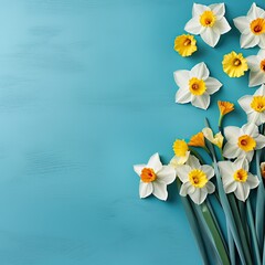 Daffodils daffodils isolated on blue turquoise paper table texture background, top view
