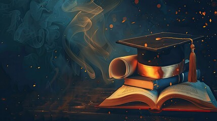 Create a symbolic image showcasing a graduation cap, an open book, and a diploma scroll unfurling gracefully.