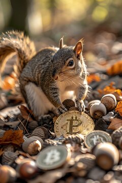 Bitcoin Buried by a Squirrel In a quiet forest, a squirrel buries a Bitcoin among acorns in the ground, a nod to longterm investment and saving for the future.