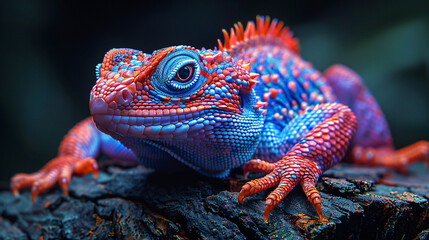 Illustration of vividly collared red and blue lizard - obrazy, fototapety, plakaty