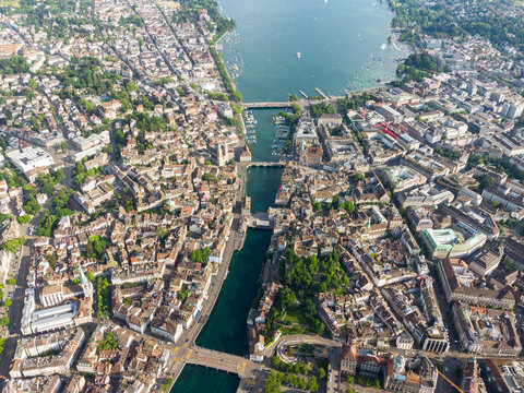 Zurich, Switzerland: Aerial view of Zurich city center with the  the historic old town and the business and financial center with the Limmat river flowing toward lake Zurich