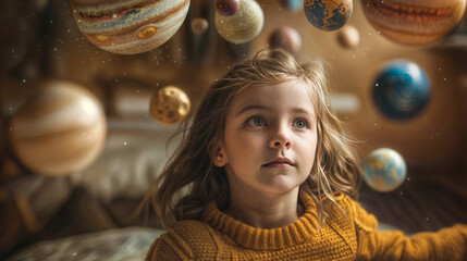 Naklejka premium Planets are flying around the girl in the room. Space system. Wonder of the Galaxy. The universe around the baby's head