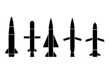 Missiles rocket iconы set. Atomic warhead silhouette. Vector illustration. - obrazy, fototapety, plakaty