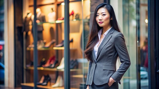 mujer asi&aacute;tica con el pelo largo en traje y corbata y falda de tac&oacute;n alto frente a la vitrina.Una exitosa mujer de negocios asi&aacute;tica.Mujer moderna.con el pelo largo en un traje de negocios.