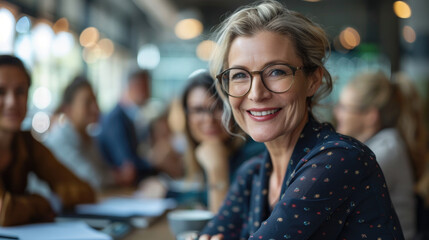 Smiling senior businesswoman leader wearing glasses sitting at meeting table with group of office workers in a team in corporate conference room