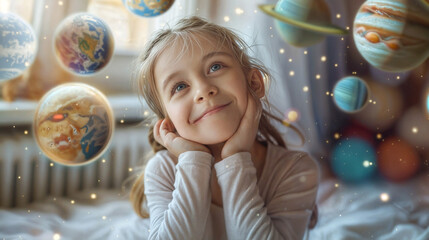 Naklejka premium Planets are flying around the smiling girl in the room. Space system. Wonder of the Galaxy. The universe around the baby's head