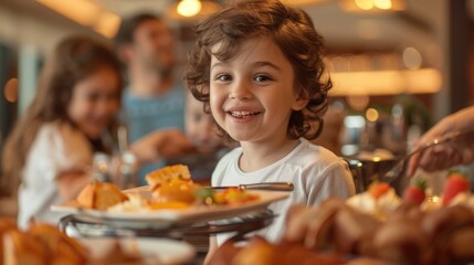 Happy kid and his sister enjoying in buffet breakfast while being in hotel with their parents. Generative Ai
