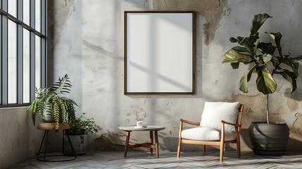 A blank square photo frame centered on a minimalist, Scandinavian style living room wall, bathed in soft daylight. The ambiance reflects modern, clean lines in architectural photography - obrazy, fototapety, plakaty
