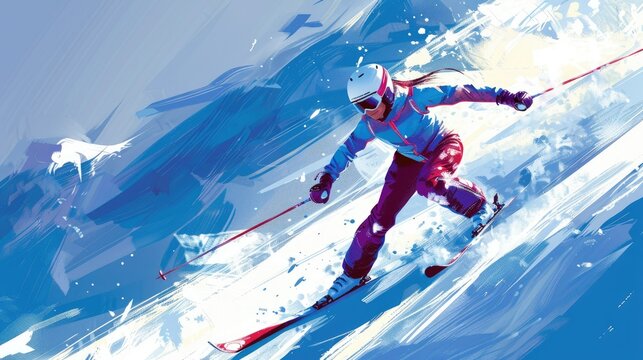 Create an image of a female skier in action at an Amateur Winter Sports ski competition, skillfully maneuvering through the snow-covered landscape