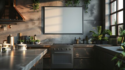 A blank square photo frame in a high-tech kitchen with smart appliances and metallic surfaces, in architectural photography style