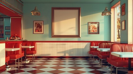 A blank square photo frame in a retro diner setting, with vintage booths and classic Americana decor, architectural style