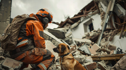 A man and a dog are walking through rubble