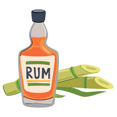 Bottle of rum with sugar cane. Vector. Alcoholic drink and cooking ingredient. Sweet plant and liquid in flat style on a white background.