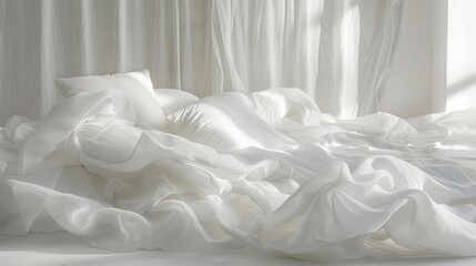 The art of relaxation captured in the smooth textures and soft contours of white pillows and blankets