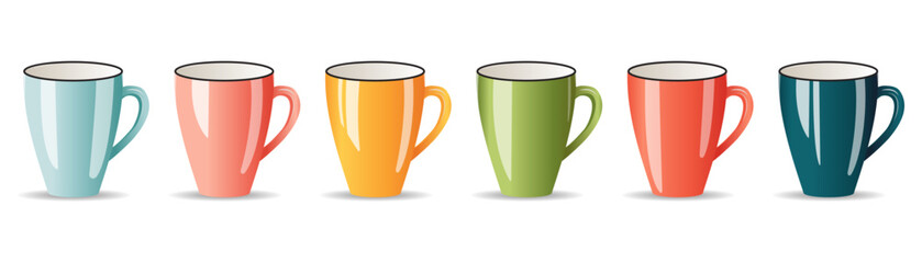 Set of colored ceramic mugs.  Colored cups isolated on white background. Coffee, tea, drinks.