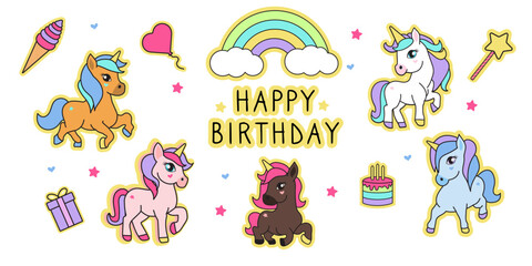 Collectible cartoon unicorn birthday stickers. Cute unicorns in white, yellow, brown, pink and blue colours. 