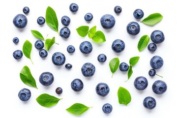 Fresh blueberries with bluberry leaves isolated on white background. Top vew. . photo on white...