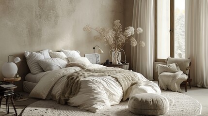 Peaceful bedroom oasis with a focus on soft textures and neutral colors for ultimate relaxation