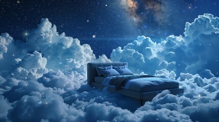 Night rest concept with a bed floating amidst cloud puffs under a star-filled sky, inviting peaceful sleep