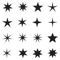 Star icons. Sparkles, shining burst. Star symbols star isolated on white background.  Stars of different shapes, a set of templates for greeting card, poster.