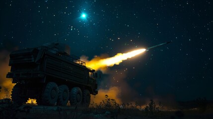 Nighttime operation of a missile launcher, firing a salvo aimed at intercepting an unseen enemy - obrazy, fototapety, plakaty