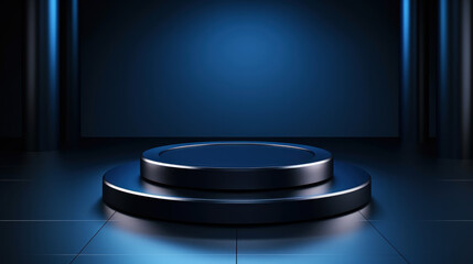 Minimalistic image of a podium for products. Studio lighting. Luxurious dark blue metallic color. Generative AI