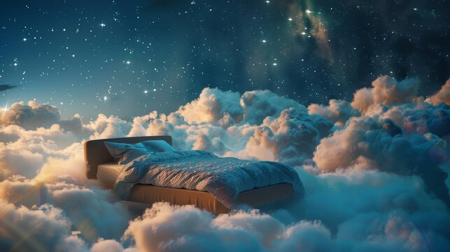 Night rest concept with a bed floating amidst cloud puffs under a star-filled sky, inviting peaceful sleep