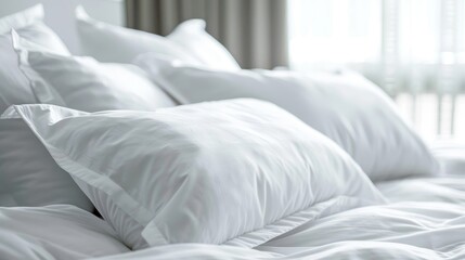 Fototapeta na wymiar Luxurious white pillows in a close-up view, emphasizing softness and a cozy sleep environment