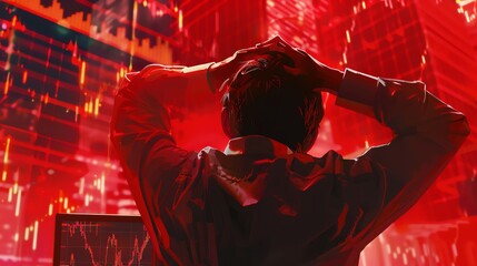 Overwhelmed by Market Volatility From behind, we see a businessman with his hands on his head, looking at a computer screen showing volatile red graphs. - obrazy, fototapety, plakaty