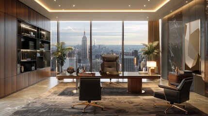 A sophisticated executive office with panoramic views of the city skyline, featuring designer furnishings and sleek, modern decor, where business leaders make strategic decisions
