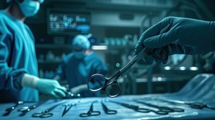 Create an immersive 3D scene featuring a doctor's hand holding medical scissors, showcasing the attention to detail and expertise in surgical instruments.