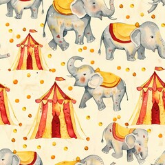 Playful elephants and circus tents, adventurous watercolor, seamless pattern, lively reds and yellows, carnival fun. Seamless Pattern, Fabric Pattern, Tumbler Wrap, Mug Wrap.