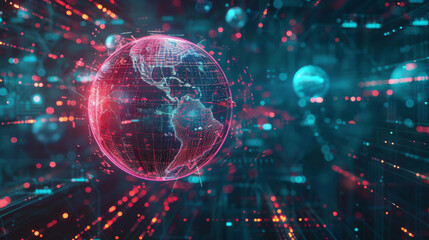 Obraz premium Communication, earth and hologram for futuristic networking in metaverse with 3D technology. AI, database and global with cloud computing, cybersecurity or virtual reality simulator for transfer